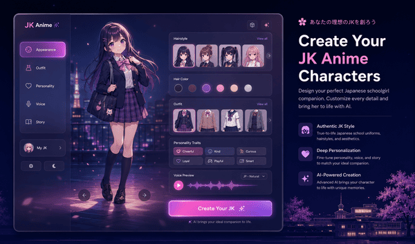 Anime AI companion customization panel to personalize character personality, appearance, voice and chat preferences