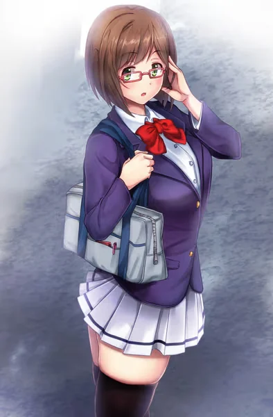 AI generated anime JK school girl character, Bookish JK, smart school uniform styling, studious thoughtful expression, vertical portrait