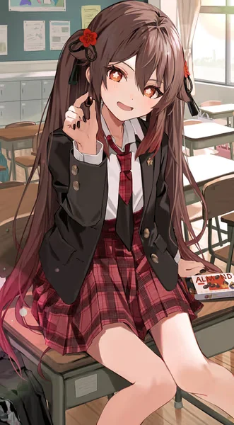 AI generated anime JK school girl character, Genki Girl, brown hair, bright smile, classroom school uniform, vertical portrait
