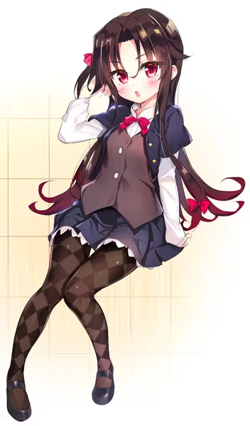 AI generated anime JK school girl character, Kawaii JK, long brown hair, red eyes, cute bowtie school uniform, vertical portrait