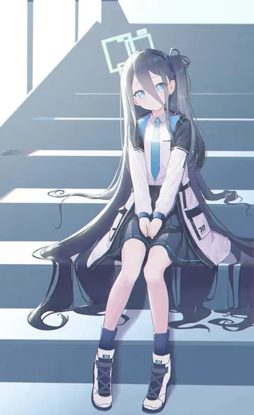 AI generated anime JK school girl character, Kuudere JK, black hair, blue eyes, calm expression, school uniform, vertical portrait