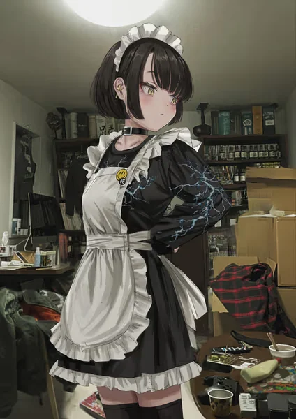 AI generated anime JK school girl character, Maid JK, short black hair, maid uniform, calm indoor portrait, vertical portrait