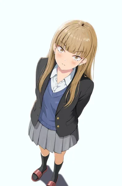 AI generated anime JK school girl character, Pure JK, soft natural school uniform styling, shy polite expression, vertical portrait