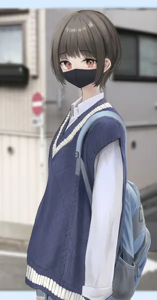 AI generated anime JK school girl character, Realistic JK, short black hair, outdoor photo background, realistic school uniform, vertical portrait