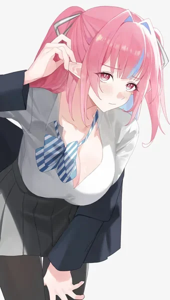 AI generated anime JK school girl character, Tsundere JK, tsundere school girl styling, spirited teasing expression, vertical portrait