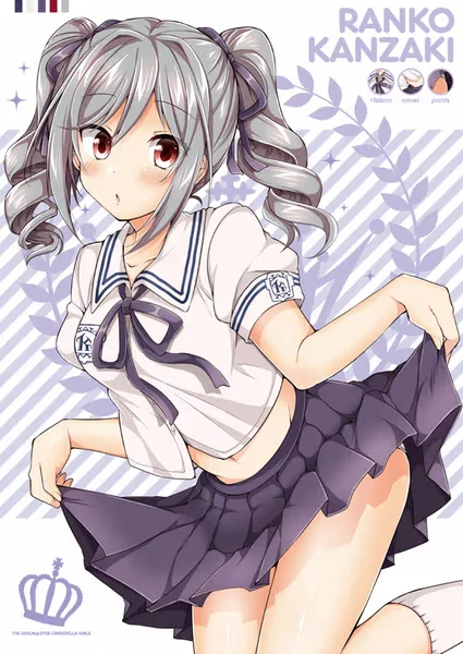 AI generated anime JK school girl character, Tsundere JK, grey twin tails, blush, red eyes, school uniform, vertical portrait